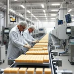 A modern industrial factory interior with engineers in lab coats inspecting high-quality products on a conveyor belt, clean environment, precision machinery, digital quality control screens displaying metrics, soft natural lighting, professional atmosphere, focus on product excellence and technological advancement