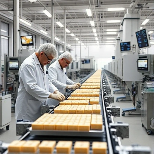 A modern industrial factory interior with engineers in lab coats inspecting high-quality products on a conveyor belt, clean environment, precision machinery, digital quality control screens displaying metrics, soft natural lighting, professional atmosphere, focus on product excellence and technological advancement