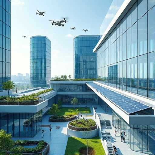 A futuristic engineering campus with modern glass buildings, students in lab coats collaborating on robotics and sustainable energy projects, solar panels on rooftops, drones flying above, green spaces integrated with technology, sleek minimalist design, bright daylight, high detail, realistic rendering
