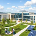 A modern university campus with engineering buildings, students in technical attire working on robotics and renewable energy projects, surrounded by green spaces and solar panels, symbolizing the sphere of influence of tuvpoliteh in technology and education