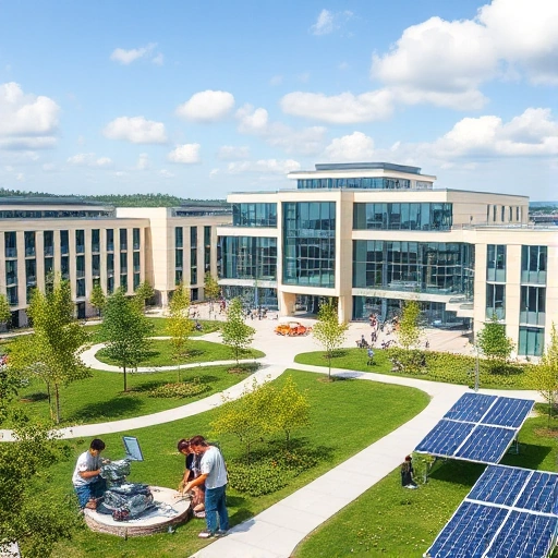 A modern university campus with engineering buildings, students in technical attire working on robotics and renewable energy projects, surrounded by green spaces and solar panels, symbolizing the sphere of influence of tuvpoliteh in technology and education