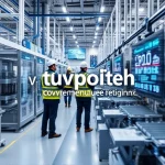 A modern industrial facility with advanced machinery, engineers in safety gear monitoring automated production lines, digital displays showing real-time data, and the text 'tuvpoliteh в индустрии: современные решения' subtly integrated into the environment as part of a digital interface or signage, in a clean, high-tech setting with blue and silver color accents
