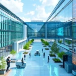 A futuristic university campus with modern technology and innovations: sleek glass buildings with solar panels, students using augmented reality devices, autonomous delivery robots, holographic displays showing engineering designs, green energy systems, and digital labs with AI-powered equipment, all in a clean, high-tech environment