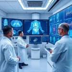 A modern medical laboratory with advanced diagnostic equipment, doctors in white coats analyzing digital medical scans on high-resolution screens, holographic displays showing 3D models of human organs, and subtle futuristic elements like glowing data streams and nanotech-inspired patterns, all in a clean, high-tech environment symbolizing innovation in medicine at tuvpoliteh