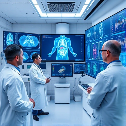 A modern medical laboratory with advanced diagnostic equipment, doctors in white coats analyzing digital medical scans on high-resolution screens, holographic displays showing 3D models of human organs, and subtle futuristic elements like glowing data streams and nanotech-inspired patterns, all in a clean, high-tech environment symbolizing innovation in medicine at tuvpoliteh