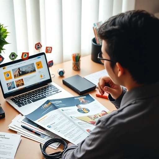 A person thoughtfully reviewing multiple educational course brochures on a desk, with a laptop showing a university website titled 'tuvpoliteh', surrounded by icons representing different fields of study like engineering, IT, and business, in a calm and focused study environment