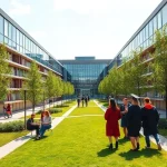A modern university campus with students studying in a bright library, engineers working in a high-tech lab, and graduates celebrating on a green lawn under a clear sky, symbolizing the path to success and development at Tuvpoliteh