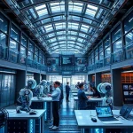 A futuristic university campus with AI-powered robots assisting students in a modern engineering lab, holographic displays showing code and data streams, sleek metallic architecture with glowing blue accents, students of diverse backgrounds collaborating at smart desks, soft ambient lighting, high detail, realistic rendering