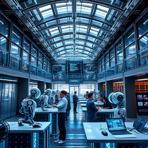 A futuristic university campus with AI-powered robots assisting students in a modern engineering lab, holographic displays showing code and data streams, sleek metallic architecture with glowing blue accents, students of diverse backgrounds collaborating at smart desks, soft ambient lighting, high detail, realistic rendering