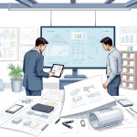 A professional technical illustration showing a modern engineering workspace with blueprints, digital tablets displaying schematics, and engineers in business-casual attire collaborating around a large screen showing data visualizations, all in a clean, high-detail style suitable for a technical publication