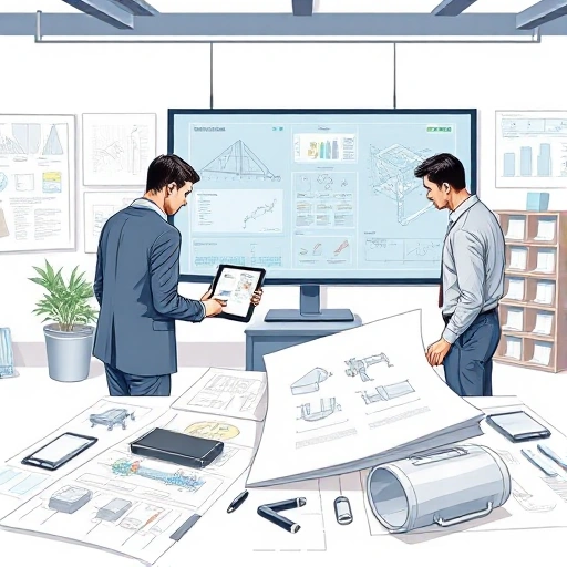 A professional technical illustration showing a modern engineering workspace with blueprints, digital tablets displaying schematics, and engineers in business-casual attire collaborating around a large screen showing data visualizations, all in a clean, high-detail style suitable for a technical publication