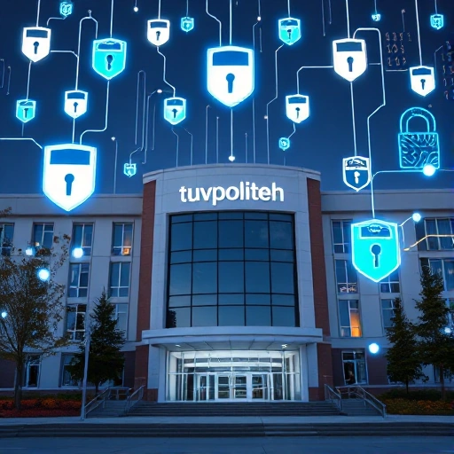 A modern university campus building with the name 'tuvpoliteh' visible on a sign, surrounded by digital shields, glowing network lines, and abstract cybersecurity symbols like padlocks, firewalls, and binary code floating in the air, all in a clean, high-tech, smallHQ style