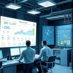 A high-tech industrial control room with engineers collaborating around a large digital display showing process optimization metrics, surrounded by sleek equipment and flowcharts, all depicted in a clean, modern aesthetic without any text or lettering