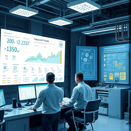 A high-tech industrial control room with engineers collaborating around a large digital display showing process optimization metrics, surrounded by sleek equipment and flowcharts, all depicted in a clean, modern aesthetic without any text or lettering