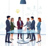 A professional and modern illustration showing strategic partners collaborating in a high-tech environment: diverse professionals in business attire shaking hands or discussing plans around a digital table displaying data graphs, network connections, and innovation symbols like lightbulbs and gears, set against a sleek background with subtle university or research institute elements (e.g., abstract architectural lines or logos suggesting TuVPoliteh), conveying trust, innovation, and partnership