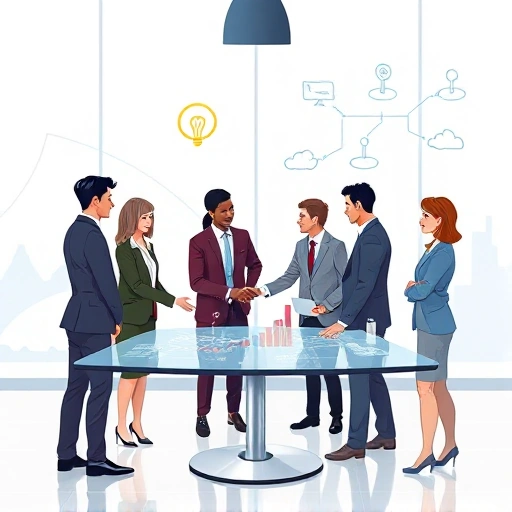 A professional and modern illustration showing strategic partners collaborating in a high-tech environment: diverse professionals in business attire shaking hands or discussing plans around a digital table displaying data graphs, network connections, and innovation symbols like lightbulbs and gears, set against a sleek background with subtle university or research institute elements (e.g., abstract architectural lines or logos suggesting TuVPoliteh), conveying trust, innovation, and partnership