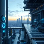 A futuristic industrial complex with sleek, high-tech machinery, glowing blue energy cores, autonomous robotic arms assembling advanced components, and transparent solar-panel walkways overlooking a smart city skyline at dawn, all rendered in ultra-detailed, clean, minimalist sci-fi aesthetic