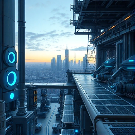 A futuristic industrial complex with sleek, high-tech machinery, glowing blue energy cores, autonomous robotic arms assembling advanced components, and transparent solar-panel walkways overlooking a smart city skyline at dawn, all rendered in ultra-detailed, clean, minimalist sci-fi aesthetic