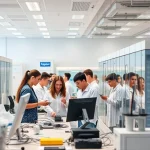 A modern university campus with students collaborating in a high-tech laboratory, using advanced equipment and digital tools, symbolizing innovation and competitiveness in education, with a clean, professional atmosphere and subtle branding elements of 'tuvpoliteh' integrated into the environment