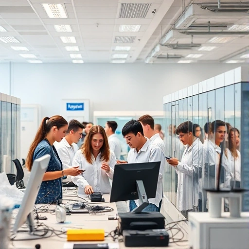 A modern university campus with students collaborating in a high-tech laboratory, using advanced equipment and digital tools, symbolizing innovation and competitiveness in education, with a clean, professional atmosphere and subtle branding elements of 'tuvpoliteh' integrated into the environment