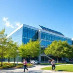 A modern, sleek university campus building with glass facades and solar panels, surrounded by green trees and students walking with laptops, symbolizing innovative educational technology solutions, in a bright daytime setting with clear blue sky