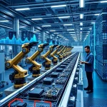 A modern industrial facility with robotic arms assembling electronic components on a conveyor belt, digital displays showing real-time data analytics, engineers in smart uniforms monitoring systems via tablets, sleek automation infrastructure with glowing blue circuit-like patterns on walls, representing digitalization and automation in a high-tech manufacturing environment