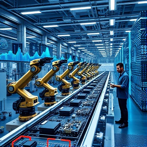 A modern industrial facility with robotic arms assembling electronic components on a conveyor belt, digital displays showing real-time data analytics, engineers in smart uniforms monitoring systems via tablets, sleek automation infrastructure with glowing blue circuit-like patterns on walls, representing digitalization and automation in a high-tech manufacturing environment