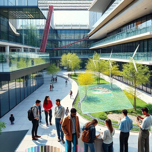 A modern university campus with futuristic architecture, students collaborating on innovative tech projects, holographic displays showing engineering designs, renewable energy systems like solar panels and wind turbines integrated into buildings, vibrant green spaces, diverse group of young people in smart casual attire working on robotics and AI prototypes, bright daylight, clean and inspiring atmosphere