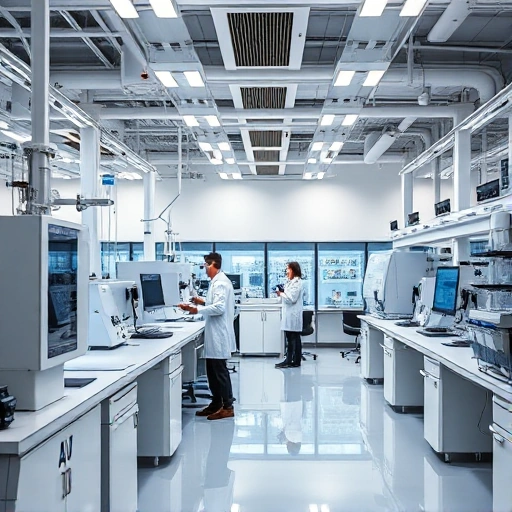 A modern research laboratory with scientists working on advanced technology, featuring sleek equipment, digital displays, and collaborative workspaces, symbolizing innovation in tuvpoliteh research