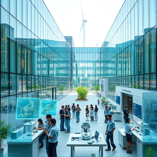 A modern, futuristic university campus with sleek glass buildings, students collaborating in high-tech labs, holographic displays showing engineering designs, renewable energy installations like solar panels and wind turbines, diverse young people in smart casual attire working on robotics and AI projects, vibrant but clean aesthetic, soft natural lighting, no text or signage visible