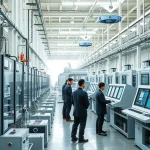 A modern, efficient industrial facility with clean lines, automated machinery, and workers in professional attire collaborating at digital control panels, symbolizing productivity and technological advancement, subtle Russian engineering motifs in the background, soft natural lighting, high detail, realistic rendering