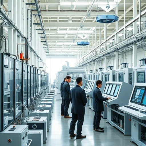 A modern, efficient industrial facility with clean lines, automated machinery, and workers in professional attire collaborating at digital control panels, symbolizing productivity and technological advancement, subtle Russian engineering motifs in the background, soft natural lighting, high detail, realistic rendering