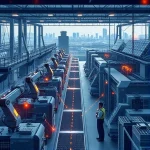 A modern industrial factory with digital transformation elements: robotic arms, IoT sensors on machinery, data streams visualized as glowing lines connecting equipment, engineers in smart uniforms monitoring digital dashboards, solar panels on the roof, and a subtle background of a city skyline representing the digital economy, all rendered in a clean, high-detail smallHQ style