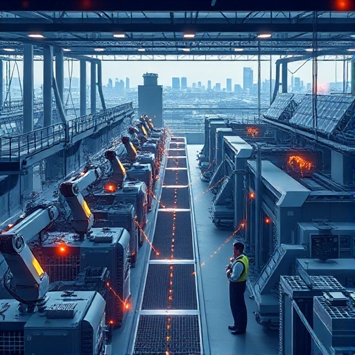 A modern industrial factory with digital transformation elements: robotic arms, IoT sensors on machinery, data streams visualized as glowing lines connecting equipment, engineers in smart uniforms monitoring digital dashboards, solar panels on the roof, and a subtle background of a city skyline representing the digital economy, all rendered in a clean, high-detail smallHQ style