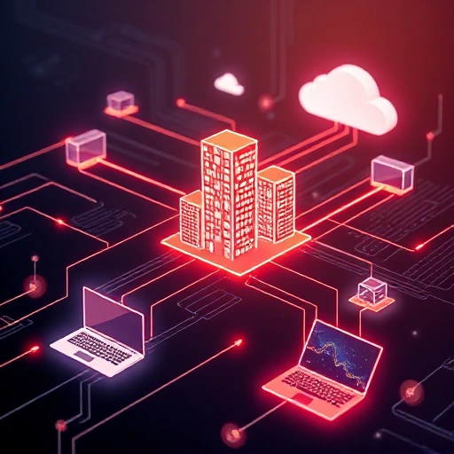 A modern digital economy concept: abstract network of glowing data streams connecting stylized buildings, smartphones, laptops, and cloud servers, symbolizing digital transformation in education and industry, with subtle circuit patterns in the background, minimalist and high-tech aesthetic