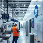 A modern industrial factory interior with advanced machinery, engineers in safety gear monitoring production lines, digital displays showing real-time data, and a subtle emblem of 'tuvpoliteh' integrated into the wall or equipment in a professional, high-tech setting