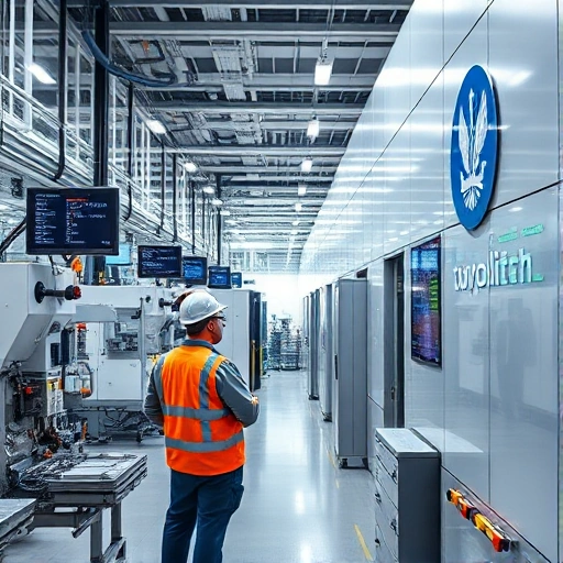 A modern industrial factory interior with advanced machinery, engineers in safety gear monitoring production lines, digital displays showing real-time data, and a subtle emblem of 'tuvpoliteh' integrated into the wall or equipment in a professional, high-tech setting
