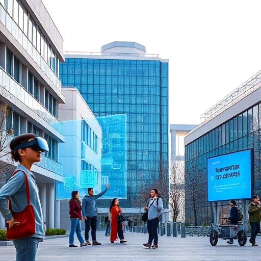 A modern university campus in Tashkent with futuristic technology elements: students using augmented reality glasses, holographic displays showing engineering designs, solar panels on buildings, autonomous delivery robots, and a digital billboard displaying 'tuvpoliteh и технологические тенденции' in Cyrillic script, all rendered in a clean, high-detail, smallHQ style with soft natural lighting and vibrant but professional colors