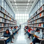 A modern university campus with students studying in a bright library, using laptops and books, symbolizing the positive impact of education on society, with subtle digital elements like floating data streams and icons of knowledge, in a clean, realistic, high-quality style