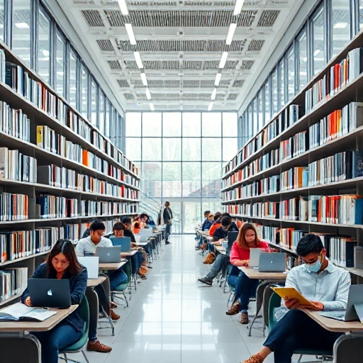 A modern university campus with students studying in a bright library, using laptops and books, symbolizing the positive impact of education on society, with subtle digital elements like floating data streams and icons of knowledge, in a clean, realistic, high-quality style