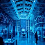 A modern digital technology hub with sleek futuristic architecture, glowing data streams flowing between transparent screens, holographic interfaces displaying code and network graphs, diverse engineers collaborating in a bright open workspace, soft ambient blue and cyan lighting, high detail, ultra-realistic, smallHQ style
