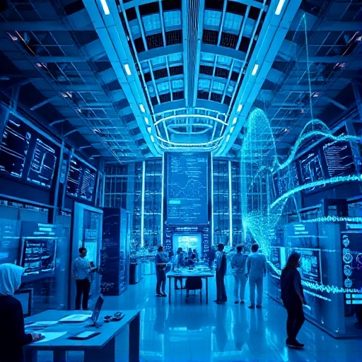 A modern digital technology hub with sleek futuristic architecture, glowing data streams flowing between transparent screens, holographic interfaces displaying code and network graphs, diverse engineers collaborating in a bright open workspace, soft ambient blue and cyan lighting, high detail, ultra-realistic, smallHQ style