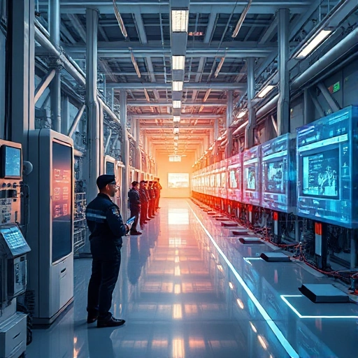 A modern, high-tech industrial facility with sleek machinery, glowing data streams, and engineers in smart uniforms monitoring systems on holographic displays, symbolizing the efficiency of tuvpoliteh systems, clean lines, soft ambient lighting, futuristic but realistic aesthetic