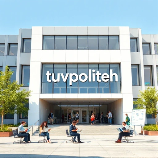 A modern university campus building with the text 'tuvpoliteh' subtly integrated into the architecture, surrounded by students collaborating on laptops and whiteboards, symbolizing best practices in education and technology, soft natural lighting, clean lines, minimalist design, high detail, realistic rendering