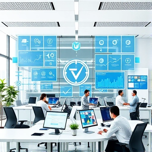 A modern office environment showing business process automation with digital workflows, robotic process automation interfaces, data analytics dashboards, and professionals collaborating with AI tools, all in a clean, high-tech setting with subtle references to TuvPoliteh (Tashkent University of Information Technologies) such as a logo or academic insignia in the background
