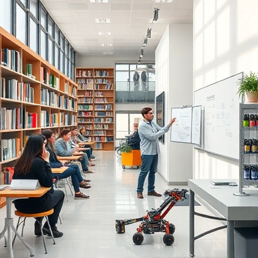 A modern university campus with students studying in a bright library, a professor demonstrating engineering concepts on a whiteboard, and a group collaborating on a robotics project in a well-equipped lab, all in a clean, realistic style with soft natural lighting and subtle academic atmosphere