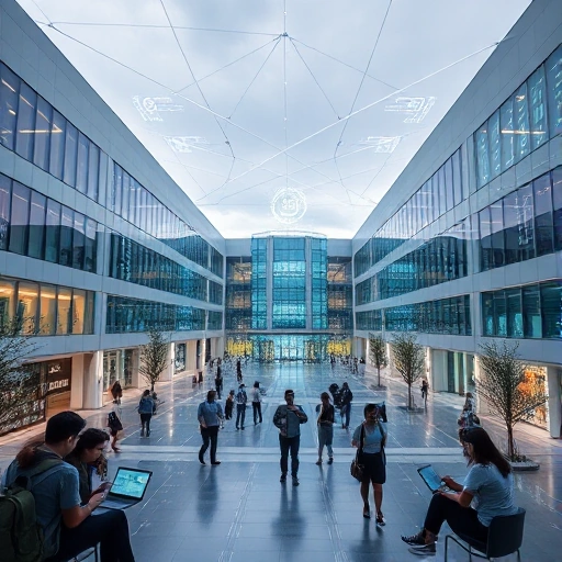 A modern university campus with digital transformation elements: students using tablets and laptops in a smart classroom, holographic data displays floating in the air, fiber optic cables connecting buildings, and a subtle logo of 'tuvpoliteh' integrated into the architecture, all in a clean, high-tech, educational environment