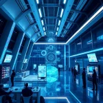 A modern technological innovation hub with sleek futuristic architecture, glowing data streams, holographic displays of advanced engineering concepts, and diverse engineers collaborating in a high-tech lab environment, all rendered in sharp, high-detail smallHQ style