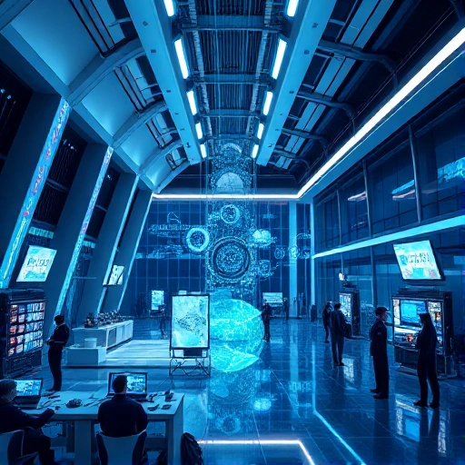 A modern technological innovation hub with sleek futuristic architecture, glowing data streams, holographic displays of advanced engineering concepts, and diverse engineers collaborating in a high-tech lab environment, all rendered in sharp, high-detail smallHQ style