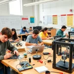 A modern university classroom with students actively engaged in hands-on practical exercises: one group soldering circuit boards, another programming microcontrollers, a third using 3D printers to prototype mechanical parts, all under bright natural light, focused expressions, tools and components neatly arranged on wooden workbenches, background showing whiteboards with technical diagrams and safety posters, realistic but clean aesthetic
